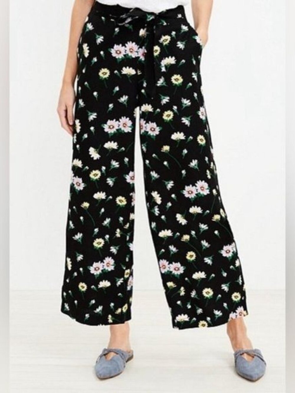 LOFT Florence Tie Waist Fluid Wide Leg Linen Crop Pants Garden Black Women M - Picture 1 of 10